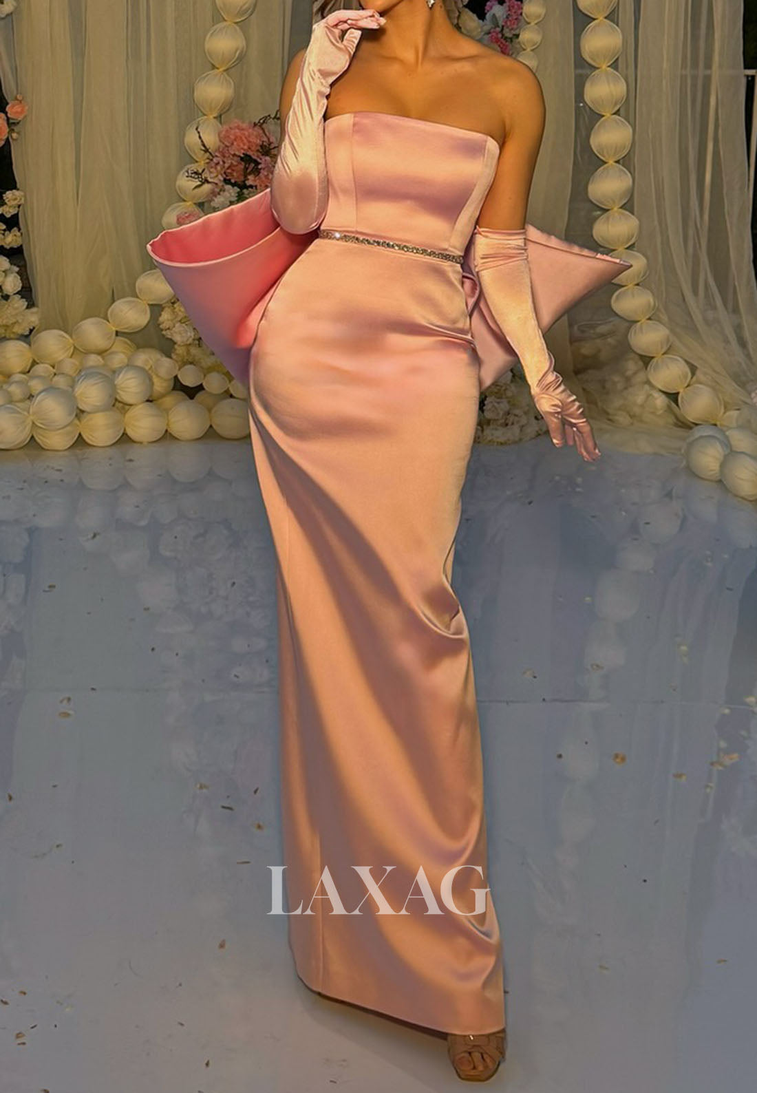 Tube Top Beaded Floor-Length Mermaid Evening Dress Off-Shoulder Satin Formal Gowns with Big Bow