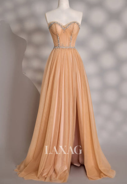 Sweetheart Beaded Pleated Tulle Party Gowns Off-Shoulder Sleeveless Floor-Length A-Line Prom Dress