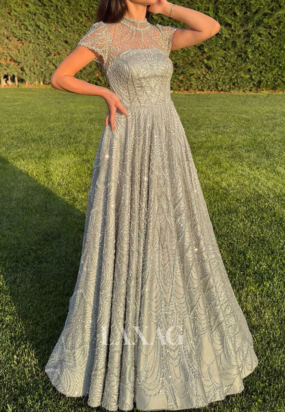 High-Neck Fully Sequined Beaded Evening Gowns Cap-Sleeves Satin Floor-Length A-Line Prom Dress