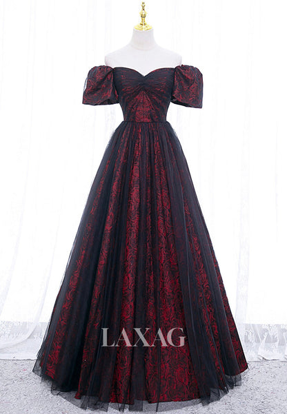 Sweetheart Off-Shoulder Sleeveless A-Line Prom Dress Pleated Print Satin&Tulle Party Gowns