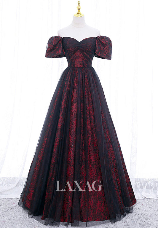 Sweetheart Off-Shoulder Sleeveless A-Line Prom Dress Pleated Print Satin&Tulle Party Gowns