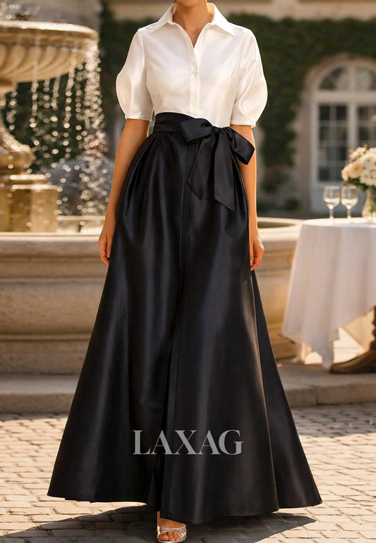 Collared Half-Sleeves Floor-Length Two Tone Satin Pleated A-Line Mother of the Bride Dress