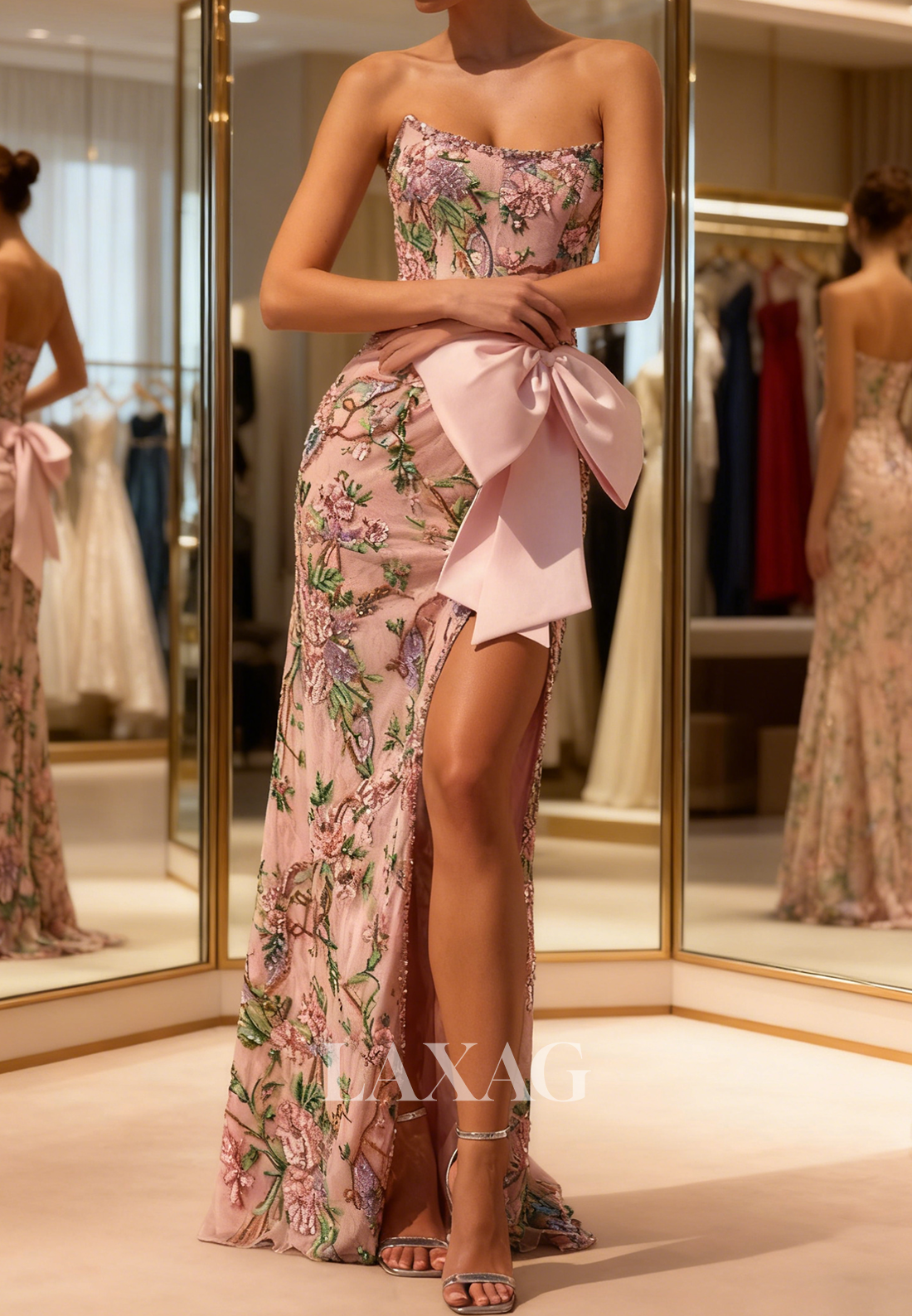 Scoop-Neck Sequined Applique Mermaid Prom Dress Off-Shoulder Chiffon Pleated Party Gowns