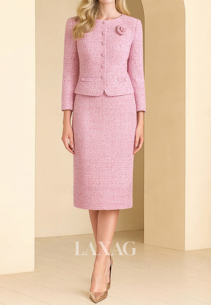 Scoop-Neck Long-Sleeves 3D-Floral Satin Tea-Length  Mermaid Mother of the Bride Dress