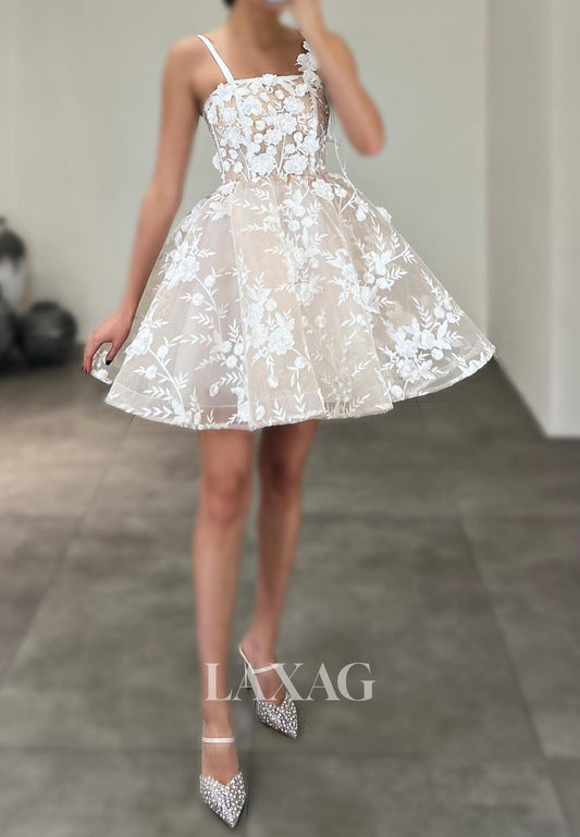 Spaghetti Straps Tube Top Floral Embellished Applique Tulle A-Line Party Homecoming Dress