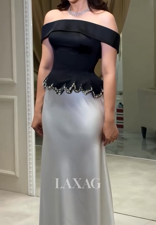 Bateau-Neck Off-Shoulder Satin Beaded Formal Gowns Sleeveless Two Tone Fitted Evening Dress