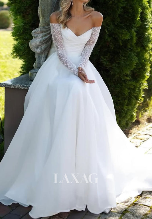 V-NecK Long-Sleeves Pleated Chiffon A-Line Wedding Dress Off-Shoulder Sequined Beaded Bride Gowns