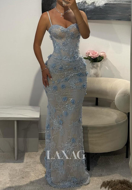 Sweetheart Spaghetti Straps Sleeveless Floral Embellished Sequined Floor-Length Mermaid Prom Dress