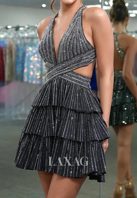 Halter Deep V-Neck Sleeveless Fully Beaded Pleated Tiered A-Line Party Homecoming Dress