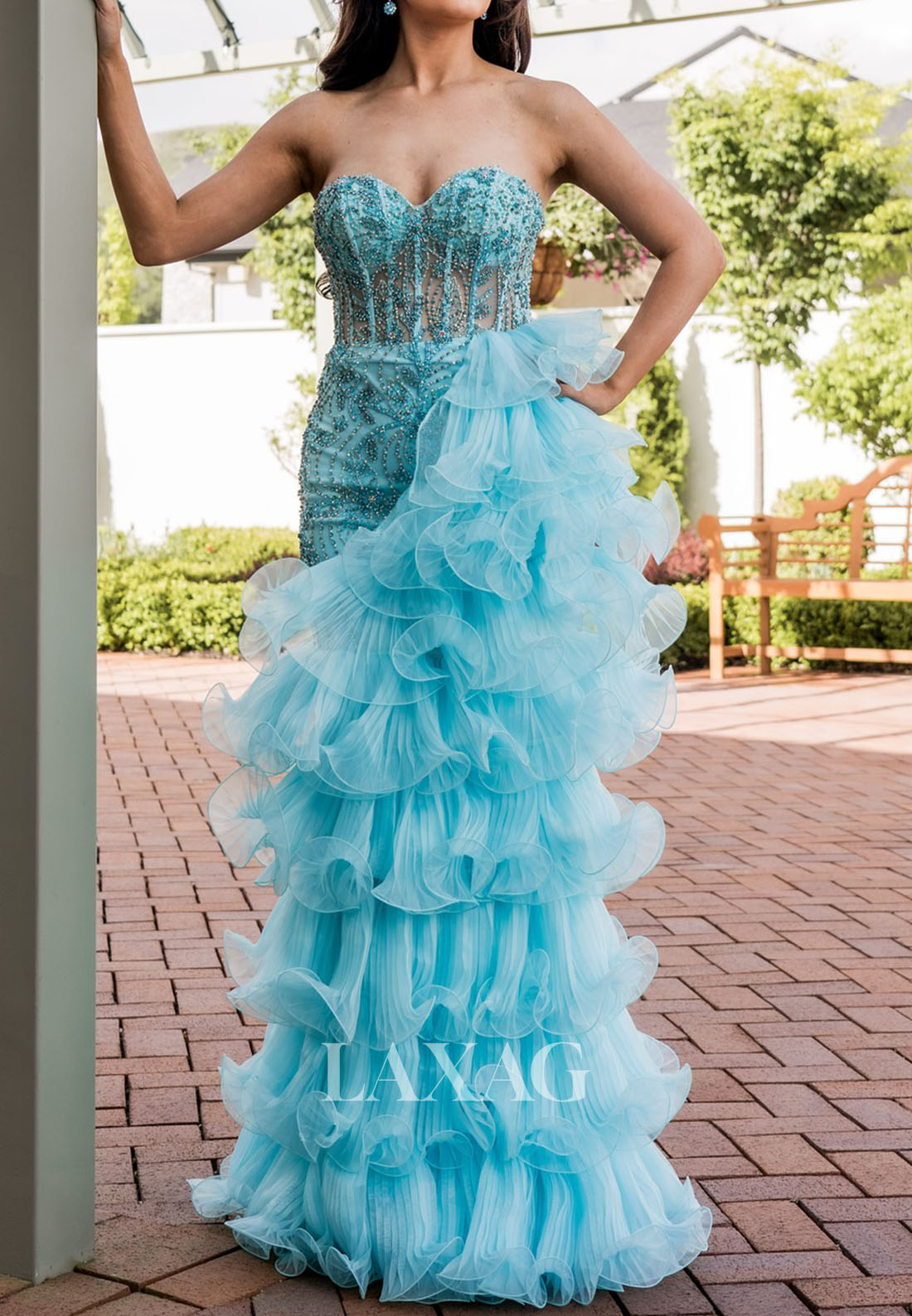 Sweetheart Sleeveless Tulle Tiered Mermaid Prom Dress Off-Shoulder Beaded Floor-Length Party Gowns