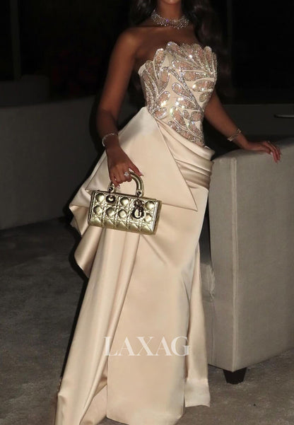 Tube Top Sequined Applique Mermaid Evening Dress Off-Shoulder Sleeveless Pleated Satin Formal Gowns