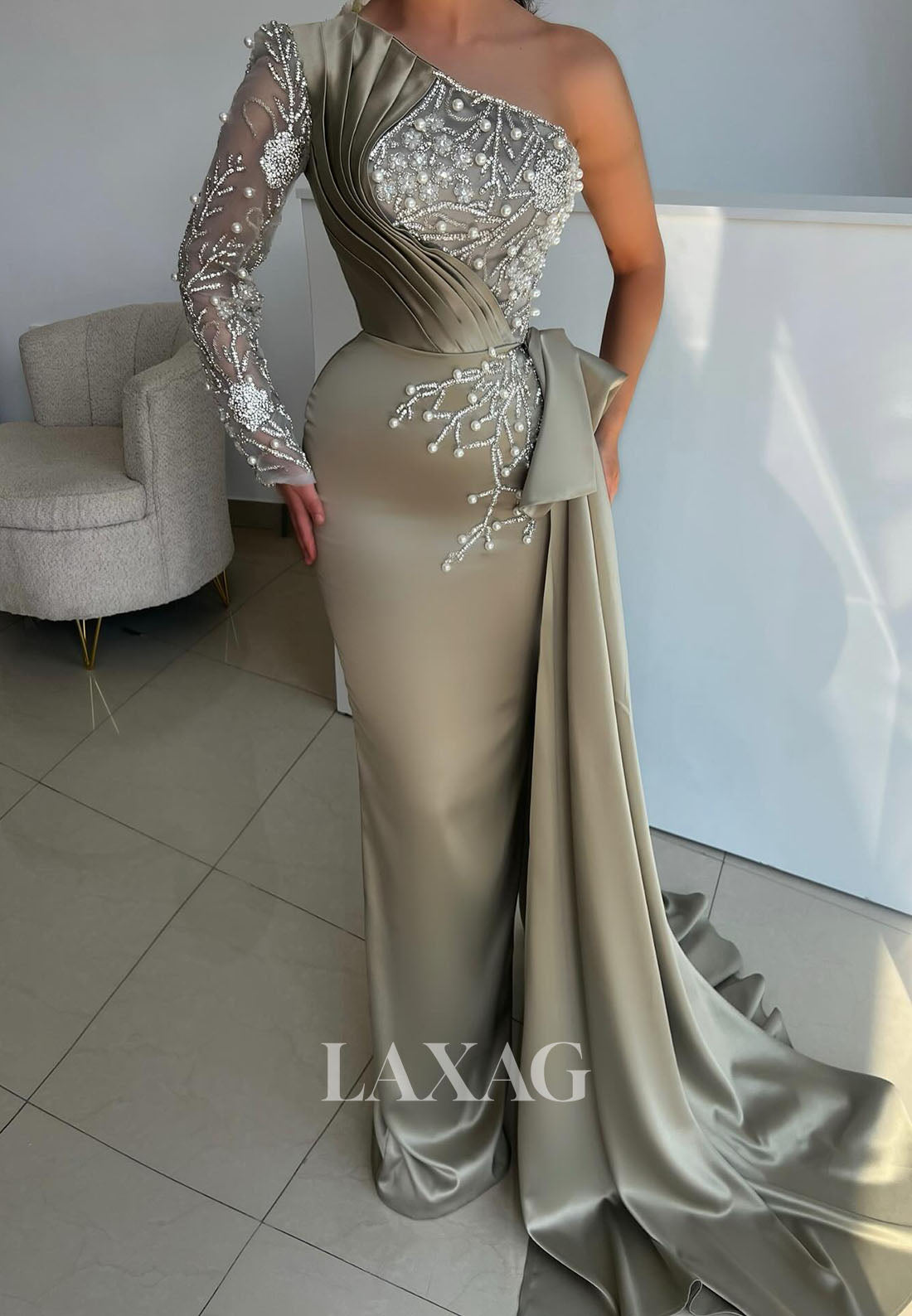 Asymmetrical-Neck One-Long-Sleeves Pearls Beaded Sequined Pleated Satin Mermaid Evening Gowns