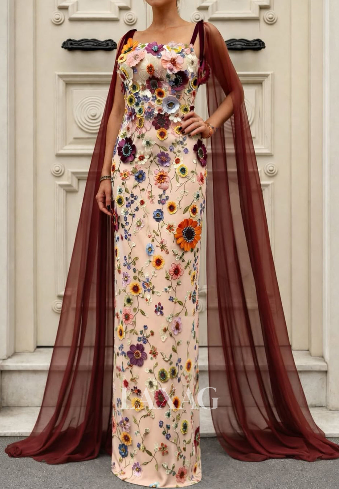 Tube Top Spaghetti Straps Cape-Sleeves Multi-Color 3D-Floral Applique Tulle Mermaid Evening Dress