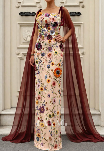 Tube Top Spaghetti Straps Cape-Sleeves Multi-Color 3D-Floral Applique Tulle Mermaid Evening Dress