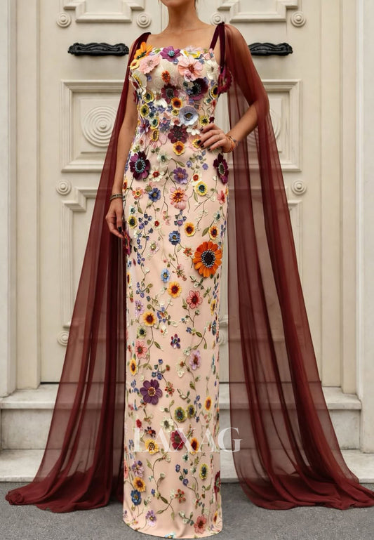 Tube Top Spaghetti Straps Cape-Sleeves Multi-Color 3D-Floral Applique Tulle Mermaid Evening Dress