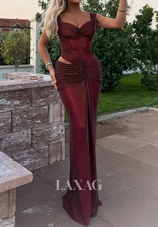 Sweetheart Straps Floor-Length Slit Party Gowns Sleeveless Pleated Tulle Mermaid Prom Dress