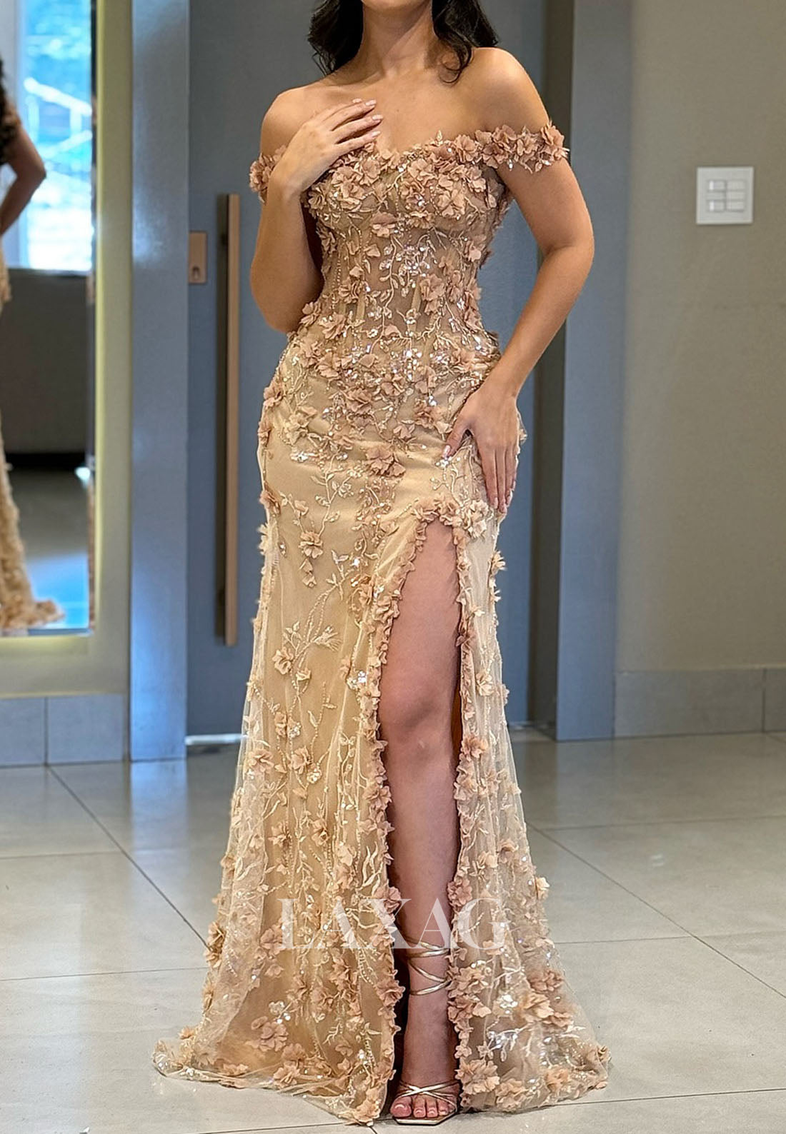 Sweetheart Off-Shoulder Mermaid Prom Dress Floral Embellished Sequined Applique High Slit Party Gowns