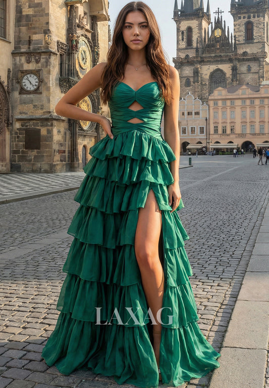 Sweetheart Off-Shoulder Sleeveless Chiffon Pleated Ruffled Tiered A-Line Prom Dress with High Slit