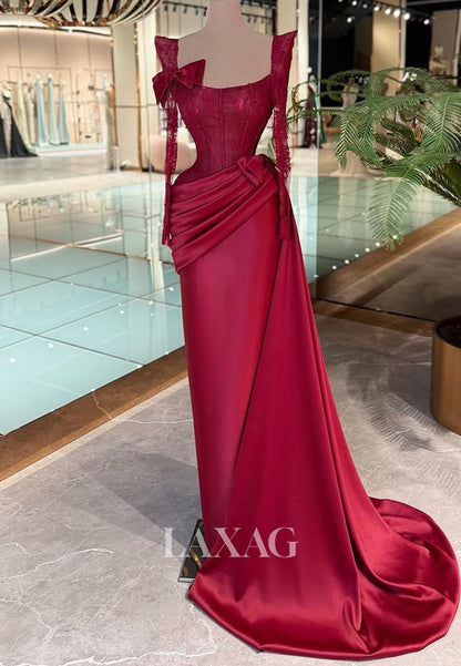 Scoop-Neck Long-Sleeves Mermaid Evening Dress Pleated Lace&Satin Formal Gowns with Bows