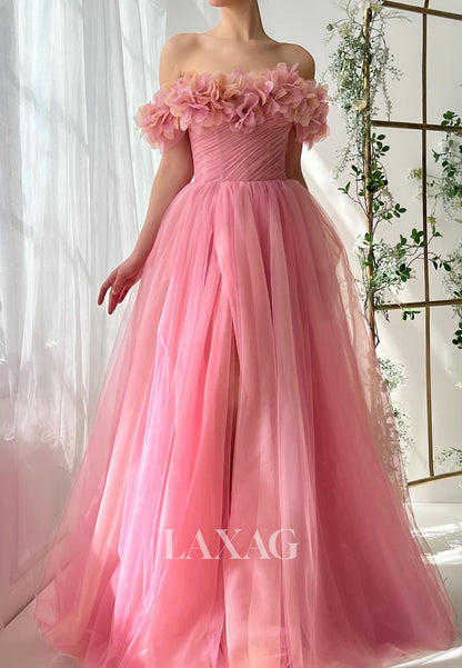 Bateau-Neck Floral Embellished Party Gowns Off-Shoulder Sleeveless Pleated Tulle A-Line Prom Dress