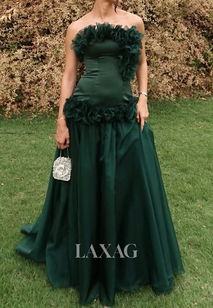 Off-Shoulder Sleeveless Floor-Length Party Gowns Tube Top Chiffon Pleated Ruffled A-Line Prom Dress