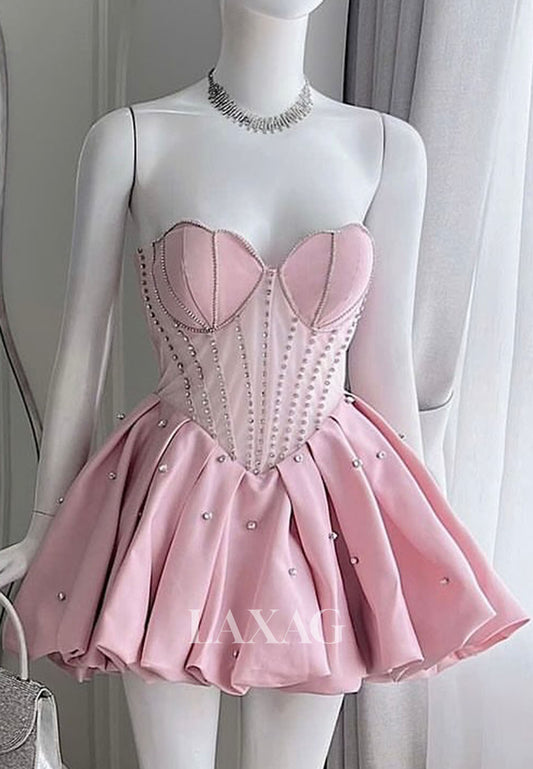Sweetheart Off-Shoulder Sleeveless Rhinestone Pleated Satin A-Line Party Homecoming Dress