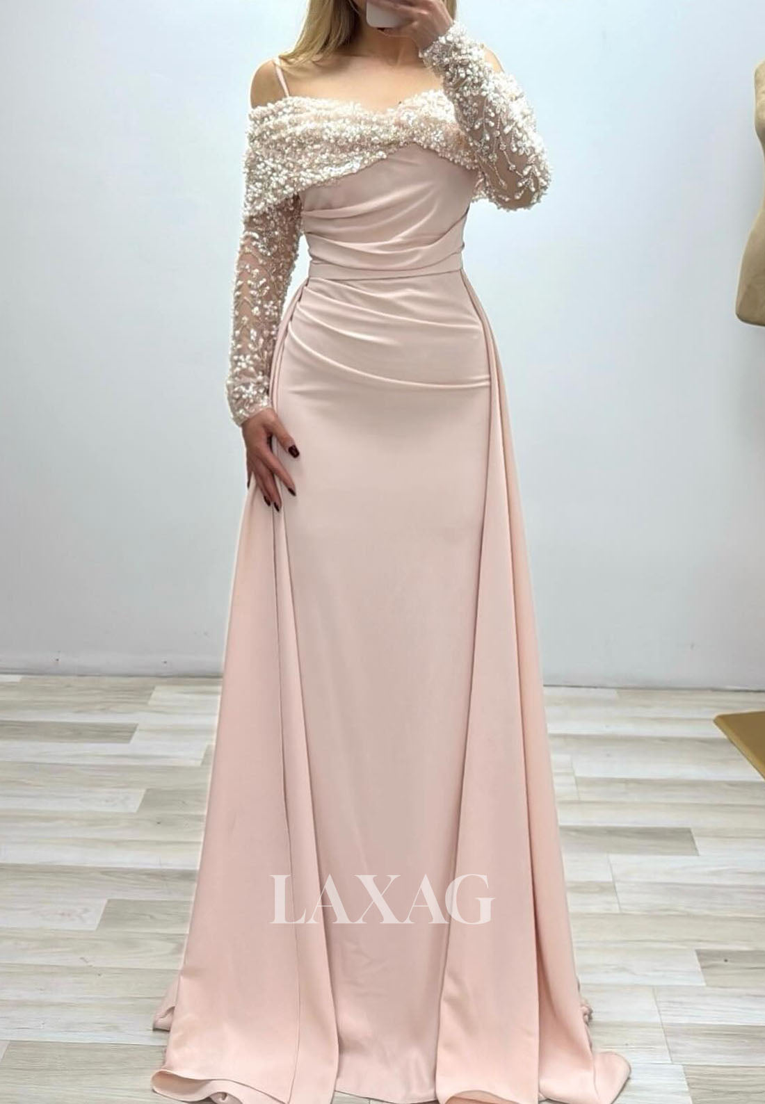 Sweetheart Spaghetti Straps Long-Sleeves Sequined Beaded Satin Pleated Mermaid Evening Dress