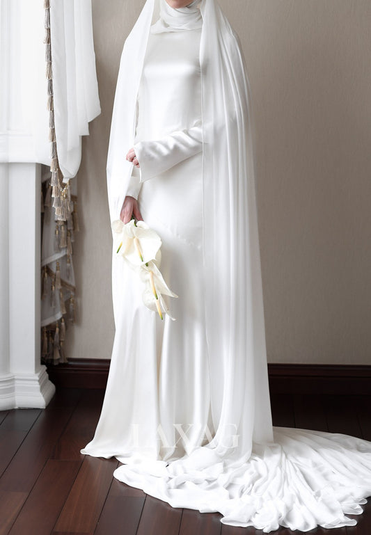 Simple High-Neck Long-Sleeves Satin Fitted Wedding Dress with Chiffon Long Veil