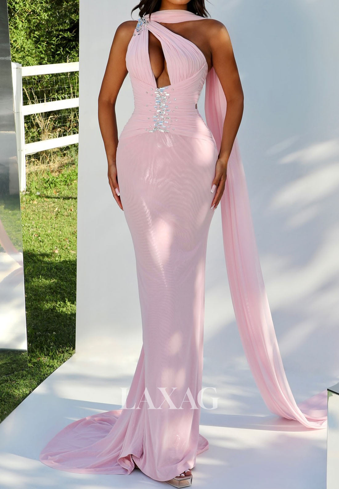 Asymmetrical-Neck Metallic-Satin Pleated Formal Gowns Sleeveless Rhinestone Mermaid Evening Dress