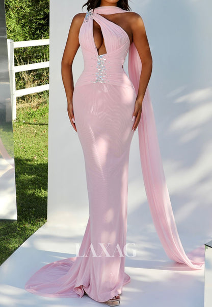 Asymmetrical-Neck Metallic-Satin Pleated Formal Gowns Sleeveless Rhinestone Mermaid Evening Dress