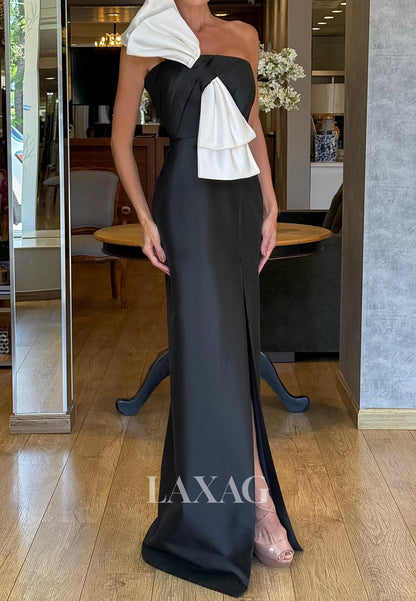 Tube Top Sleeveless Satin Pleated Floor-Length High Slit Mermaid Evening Dress with Big Bow