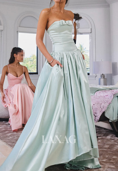 Off-Shoulder Sleeveless Satin Pleated A-Line Prom Dress Off-Shoulder Sweep Train Party Gowns