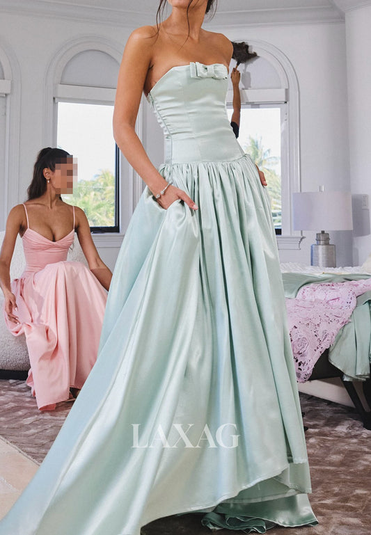 Off-Shoulder Sleeveless Satin Pleated A-Line Prom Dress Off-Shoulder Sweep Train Party Gowns