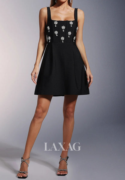 Square-Neck Straps Sleeveless Rhinestone Satin Simple A-Line Party Homecoming Dress