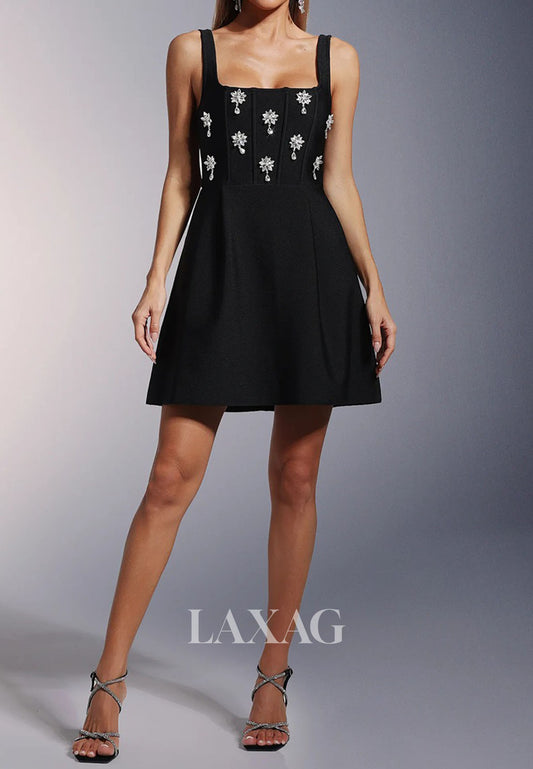 Square-Neck Straps Sleeveless Rhinestone Satin Simple A-Line Party Homecoming Dress