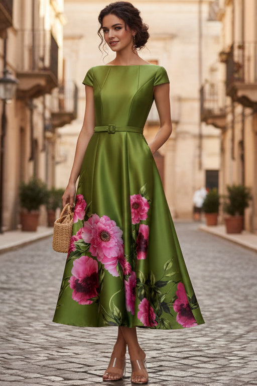 Bateau-Neck Cap-Sleeves Print-Satin Pleated Tea-Length A-Line Mother of the Bride Dress