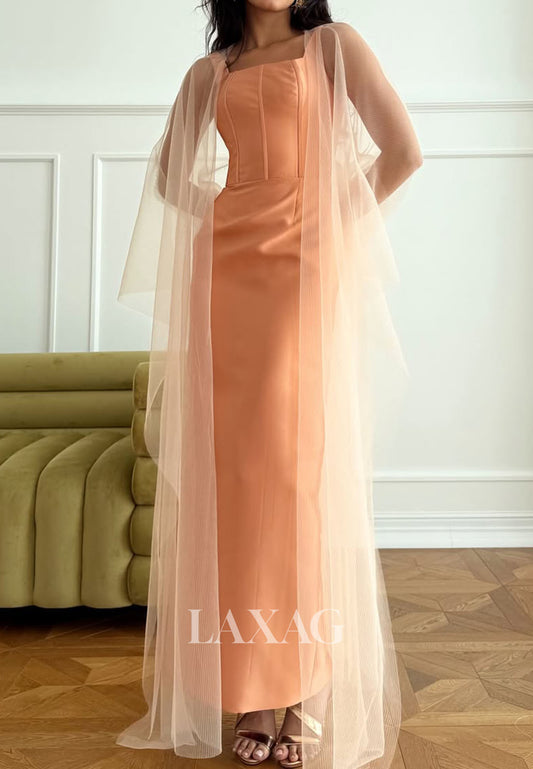 Sleeveless Square-Neck Satin Formal Gowns Ankle-Length Mermaid Evening Dress with Tulle Overlay