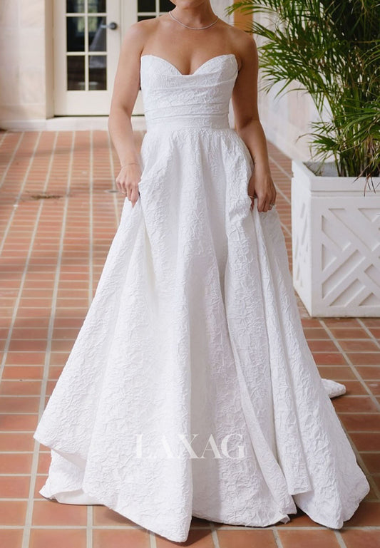 Sweetheart Off-Shoulder Bride Gowns Applique Pleated Satin A-Line Wedding Dress with Train