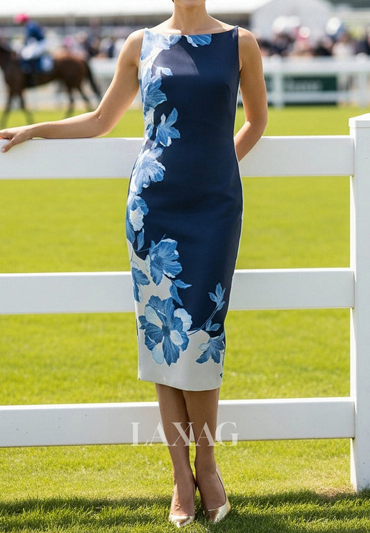 Scoop-Neck Straps Sleeveless Print-Satin Tea-Length Mermaid Mother of the Bride Dress