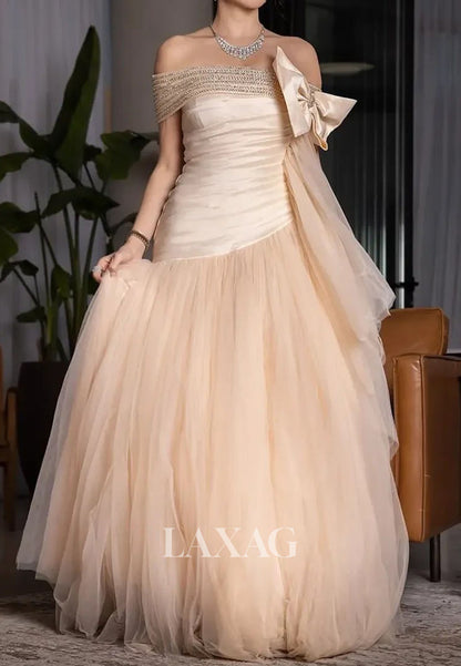 Bateau-Neck Floor-Length A-Line Prom Dress Off-Shoulder Beaded Pleated Satin Tulle Party Gowns