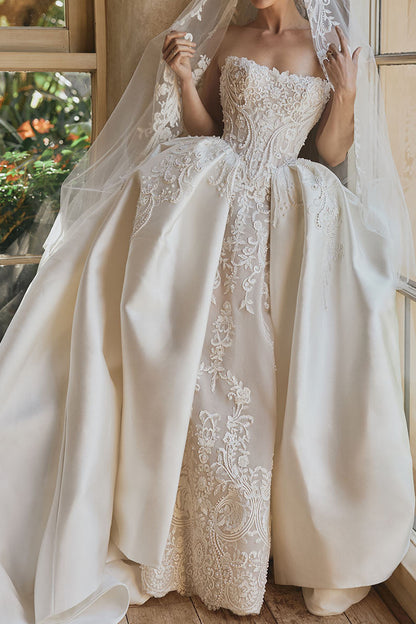 Bateau-Neck Sleeveless Beaded Lace Applique Satin Pleated A-Line Wedding Dress