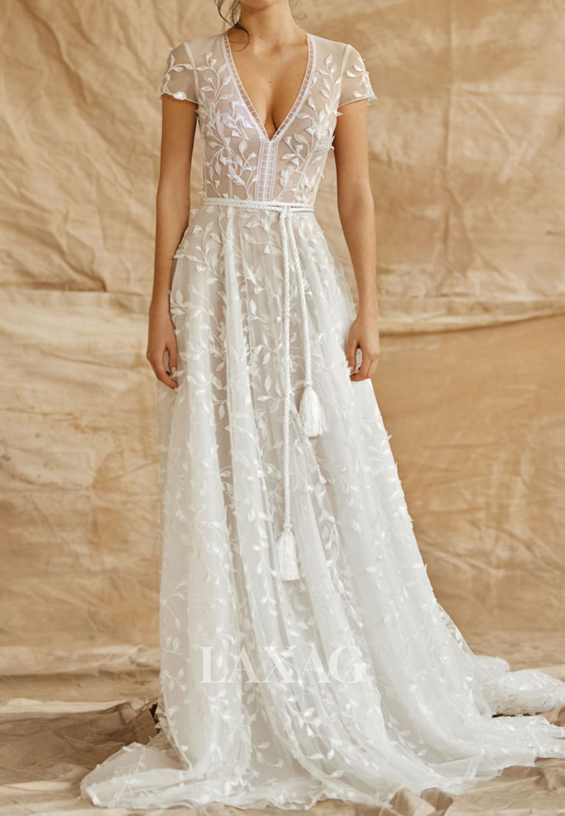 Deep V-Neck Cap-Sleeves Applique Tulle Pleated Sheer A-Line Wedding Dress with Train