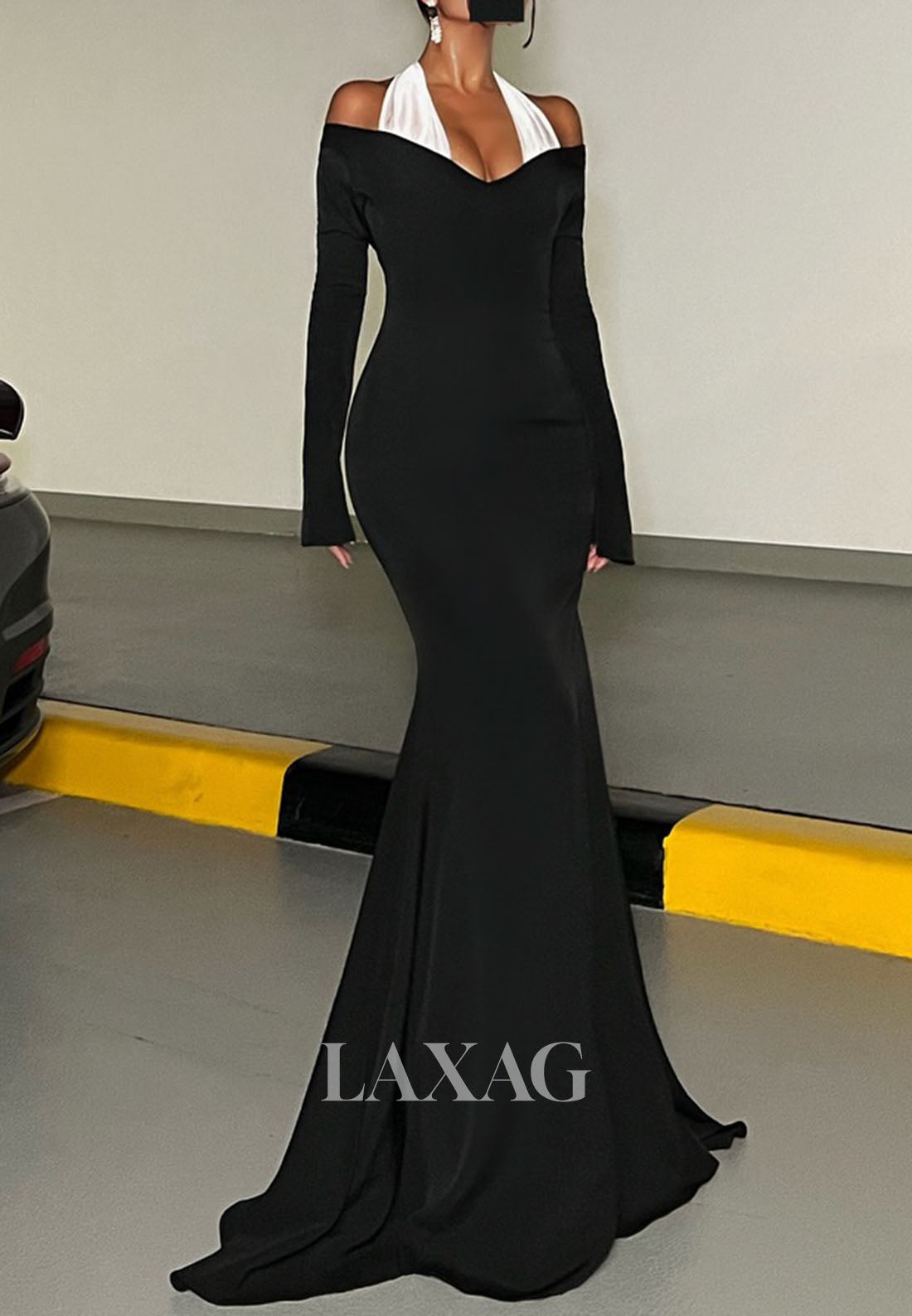 Halter V-Neck Long-Sleeves Mermaid Evening Dress Off-Shoulder Two Tone Satin Formal Gowns