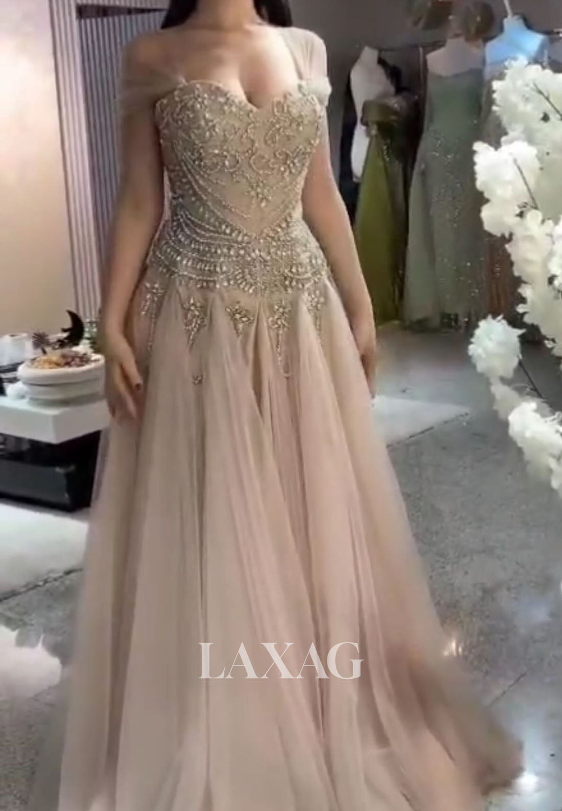 Sweetheart Sleeveless Rhinestone Beaded Pleated Satin Tulle A-Line Formal Evening Dress