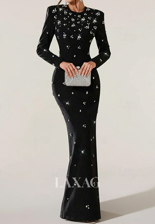 Scoop-Neck Long-Sleeves Floor-Length Rhinestone Beaded Satin Mermaid Formal Evening Dress