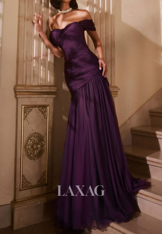 Sweetheart Sleeveless Pleated Tulle Party Gowns Off-Shoulder Floor-Length A-Line Prom Dress