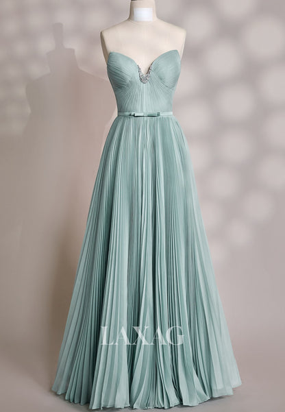Off-Shoulder Sleeveless A-Line Evening Dress Sweetheart Beaded Pleated Chiffon Formal Gowns
