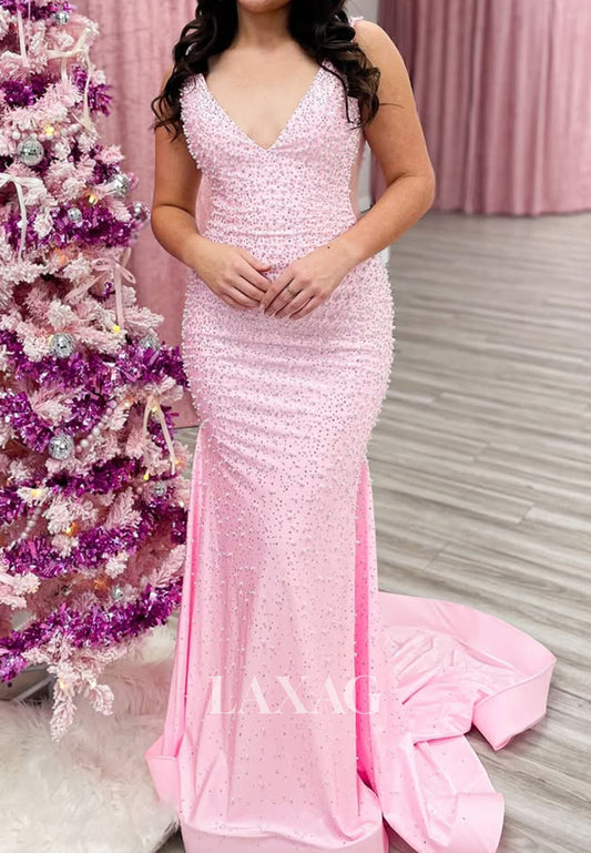 V-Neck Straps Sleeveless Fully Beaded Pearls Satin Pleated Sweep Train Mermaid Prom Dress