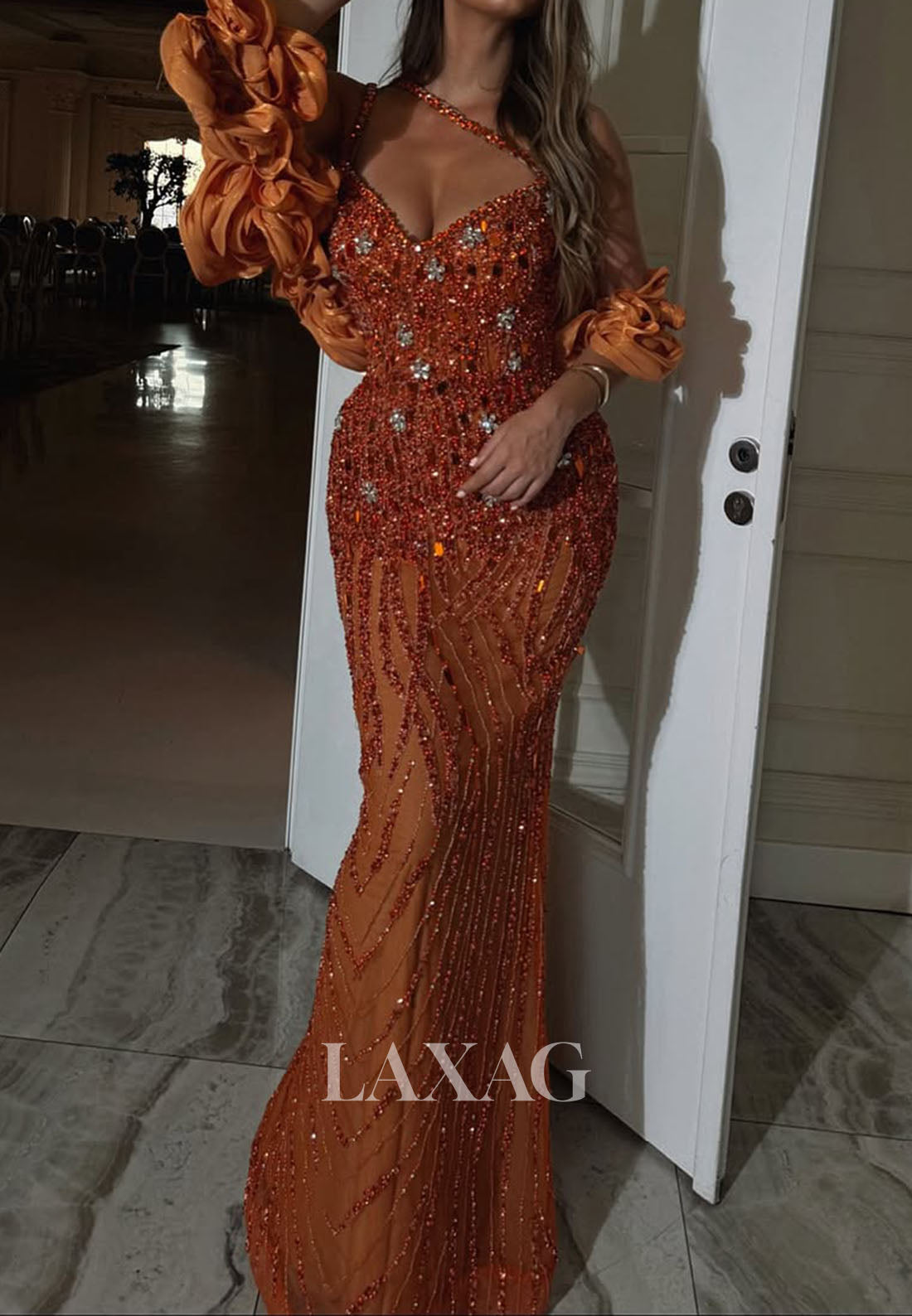 V-Neck Spaghetti Straps Mermaid Prom Dress Fully Sequined Beaded Rhinestone Party Gowns