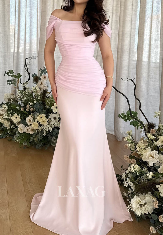 Bateau-Neck Off-Shoulder Sleeveless Pleated Chiffon Floor-Length Mermaid Prom Dress